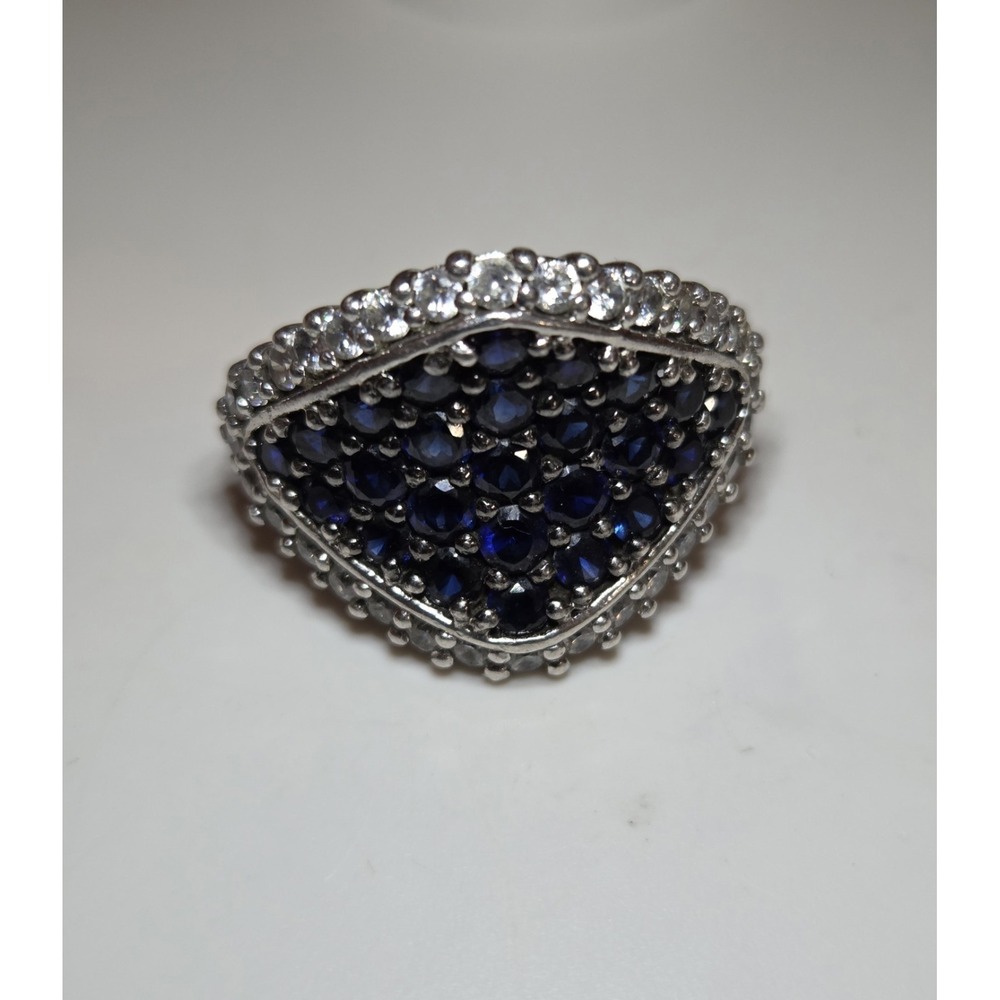Large Vintage Sterling Silver Marquis-shaped Lab‎ Sapphire & CZ Ring Size 7 - Picture 4 of 7